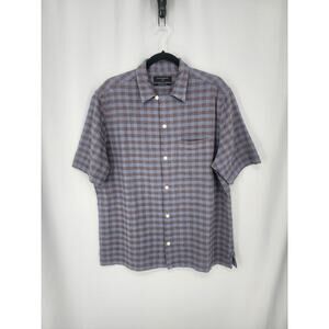 AllSaints Camp Shirt Mens Large Blue Check Organic Cotton Short Textured